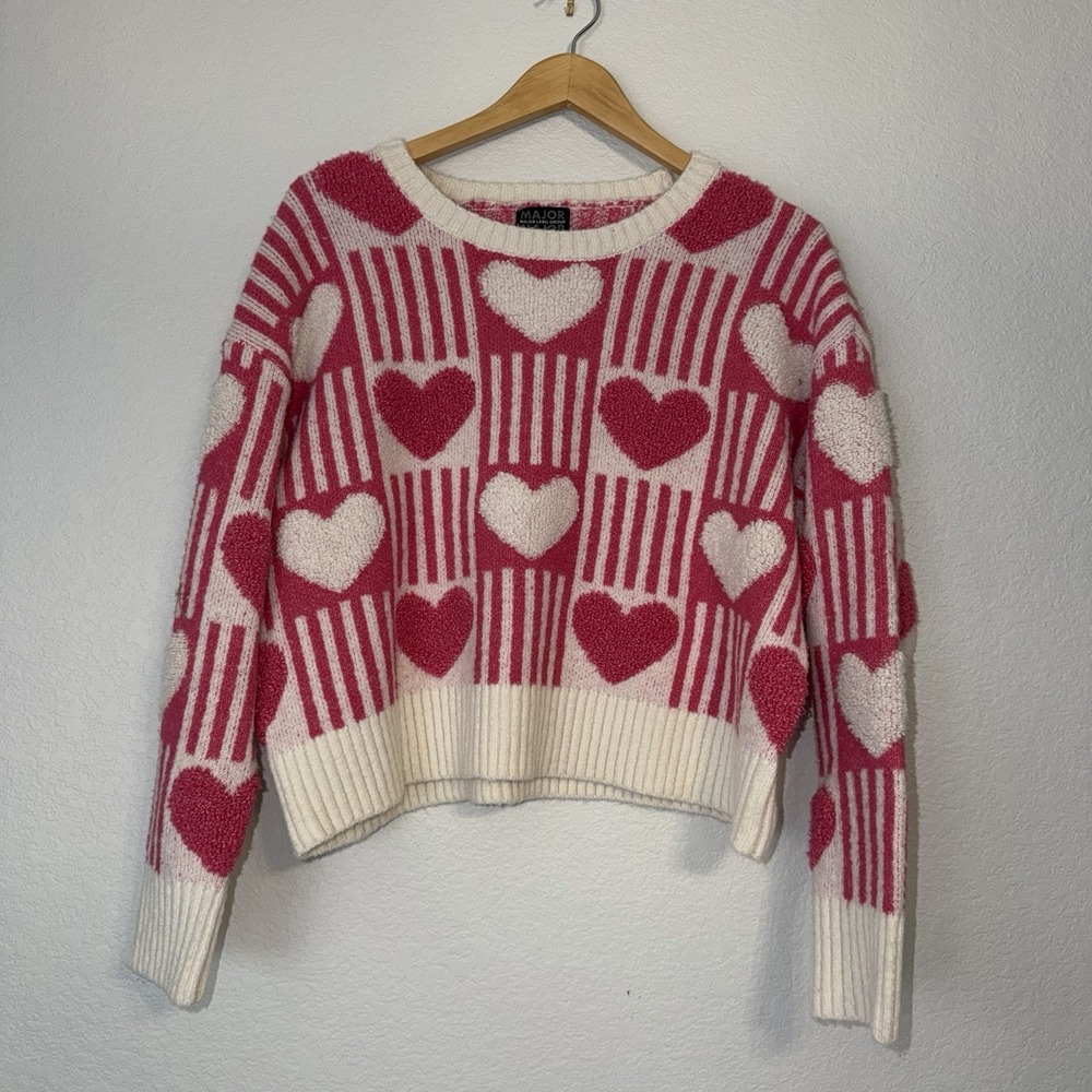 Major Label Group Pink White Heart Sweater Women's L Crop Knit Hearts Valentines